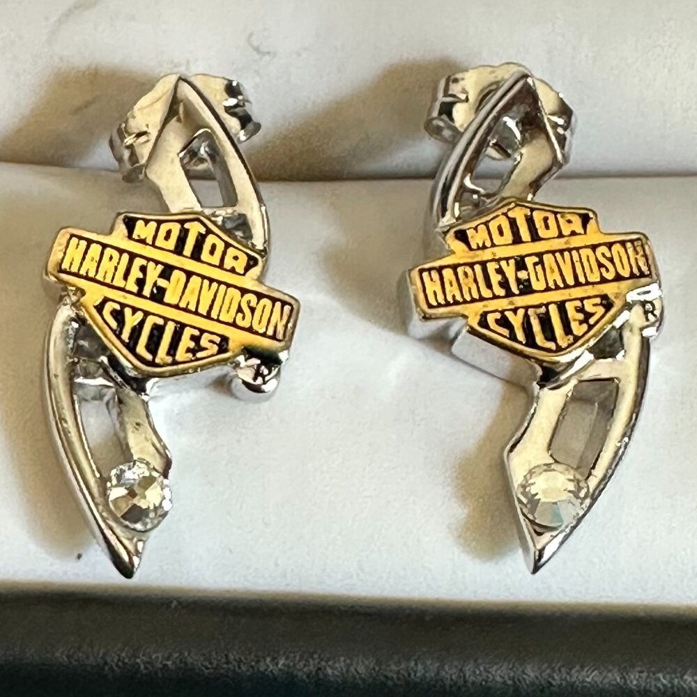 Harley Davidson Motorcycles Sterling Silver 925 Stud Gold plated Logo Earrings - Picture 4 of 4